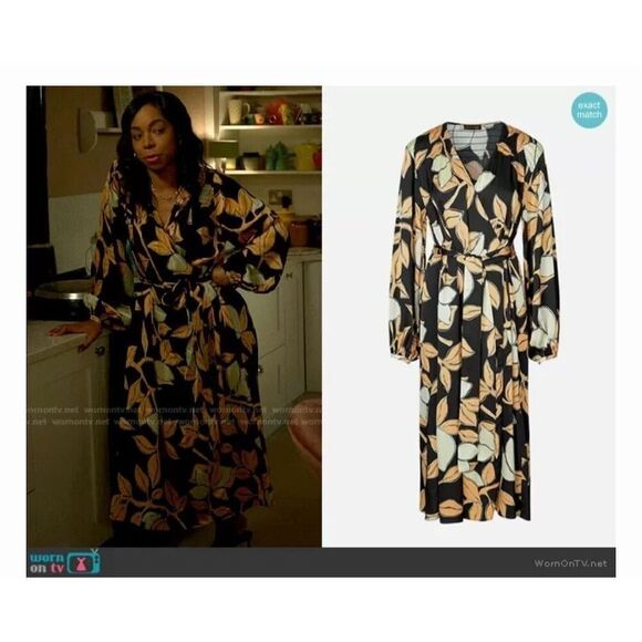 Stine Goya XS Sebia Wrap Lemon Leaf Print Oversized Midi Dress Multicolor - Picture 2 of 10